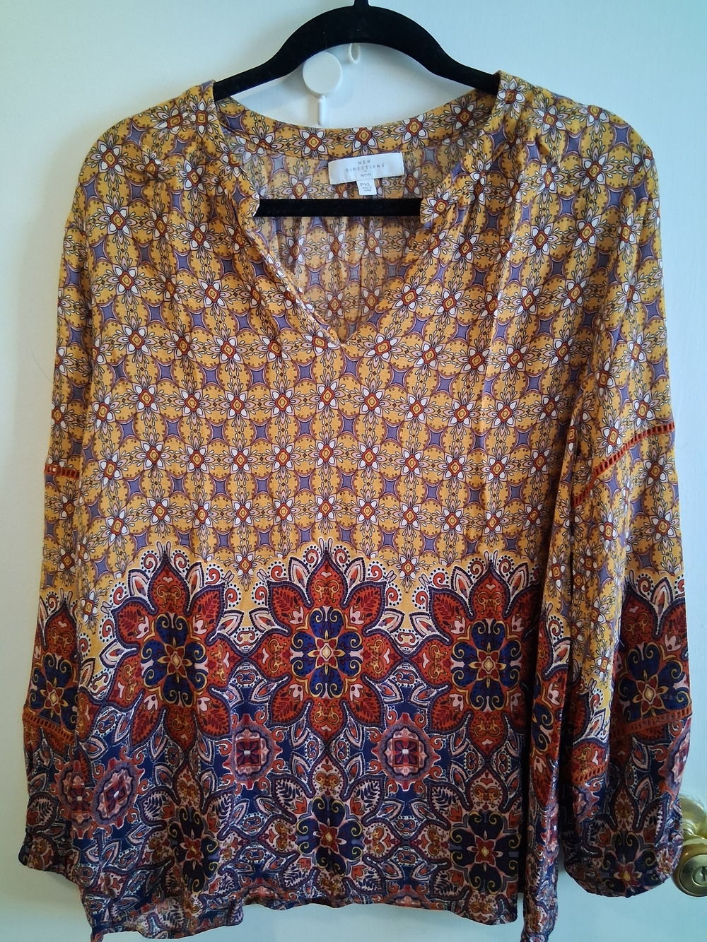New Directions Mustard and Navy Floral Border V-Neck Tunic